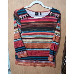 Rafaella Size M Ladies Striped Zipper Embellished Long 3/4 Sleeve Top Multicolor
